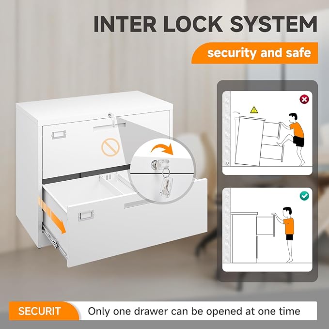 Lateral File Cabinet, Metal Filing Cabinet with Lock, 2 Drawer File Cabinets for Home Office, Office Cabinet for Hanging Files Letter/Legal/F4/A4, Assembly Required, White