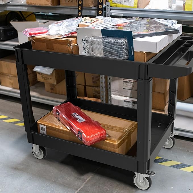 2 Tier Plastic Rolling Cart Utility Cart on Wheels, Heavy Duty Tool Carts with Ergonomic Storage Handle and Deep Shelfs, Work Cart Service Carts for Garage, Warehouse, Workshop, Office, Cleaning