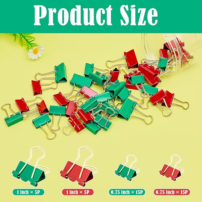 BAYTORY 40Pcs Binder Clips Colored, Christmas Binder Clips Assorted Sizes, Medium Small Binder Paper Clamps Combination, with Clear Storage Container, for School & Office Supplies (Red & Green)