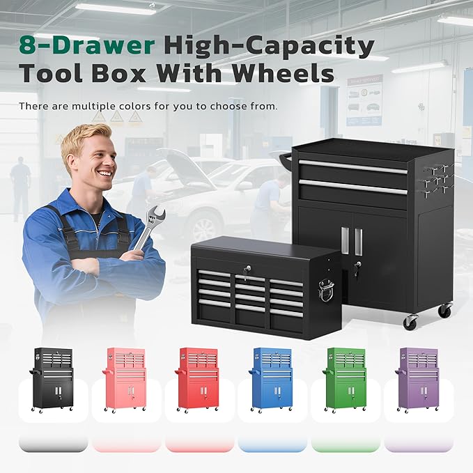 Greenvelly 8-Drawer Rolling Tool Chest, Metal Tool Chest with Wheels, Tool Cabinet with Detachable Top Tool Box, Metal Tool Cart with Liner & Hooks for Garage, Workshop, Warehouse (Black)