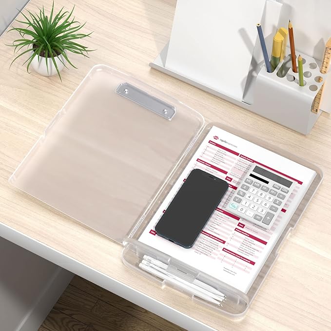 Rimilak Plastic Clipboard with Storage, 8.5 x 11 High Capacity Folio Nursing Case with Pen Holder, Size 14.2 x 9.6 x 1.2″ Folder Side-Opening for Classroom, Teacher, Smooth Writing, Translucen