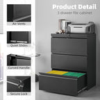 Lateral 3 Drawer File Cabient with Lock, Metal Filing Cabinets for Home Office, Heavty Duty Office Storage Cabinet for A4/Letter/Legal (Matte Black)