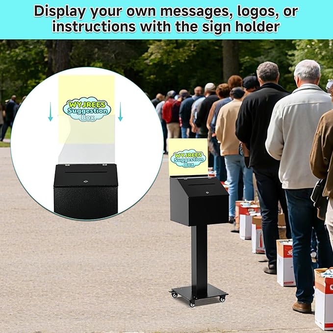Suggestion Box with Stand, Heavy Duty Metal Floor Standing Offering Box with Lock and Key, Ballot Box with Sign Holder for Voting, Charity, Church and Event Fundraising