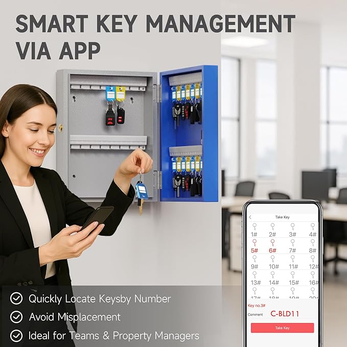 WeHere 32 Key Lock Box (Plus) Wall Mount, APP Bluetooth/OTP/Wi-Fi/Fixed Code/Key Unlock, Smart Key Cabinet with Tag, Key Organizer Holder box Management Directory for Office, Valet, Car,Truck