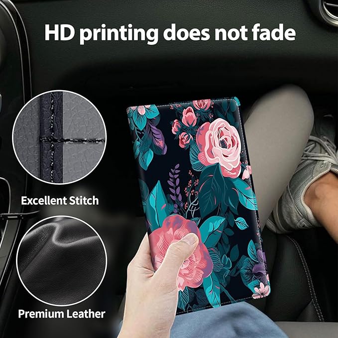 Car Registration and Insurance Holder, Leather Car Glove Box Organizer, Cool Car Accessories for ID, Driver's License Cards & Essential Document,business cards,Men&Women,Pink Flowers