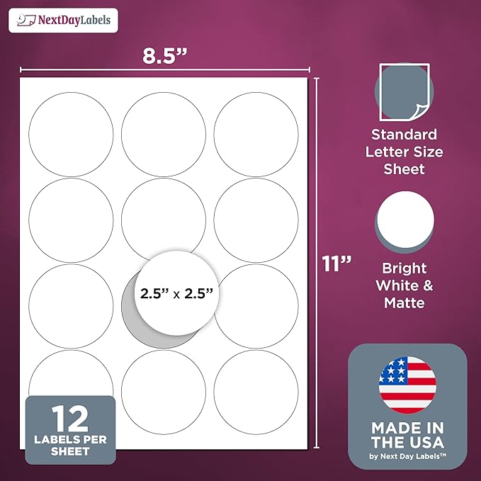 NextDayLabels 2.5 Inch Round Stickers for Printer - Matte White Blank Laser/Inkjet Printable Circles - 1000 Sheets, 12 Per Sheet, 12000 Labels