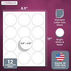 NextDayLabels - 2.5 Inch Round Sticker Labels (3000 Total) - Matte White Blank Laser/Inkjet Printer Labels - Circle Stickers (250 Sheets, 12 Per Sheet)