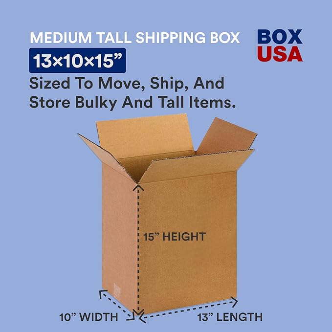 BOX USA 13 x 10 x 15 Corrugated Cardboard Boxes, Medium 13"L x 10"W x 15"H, Pack of 25 | Shipping, Packaging, Moving, Storage Box for Home or Business, Strong Wholesale Bulk Boxes