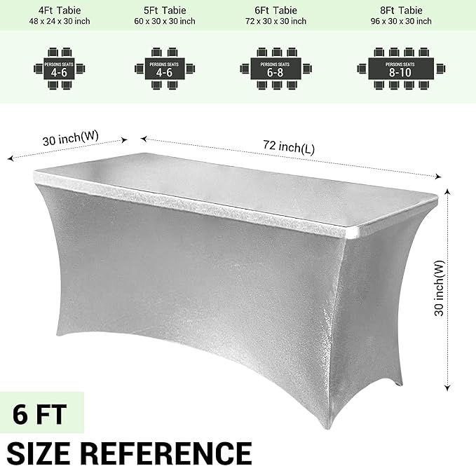 Obstal 6 Pack Stretch Spandex Table Covers for 6 Foot Tables - 6 FT Rectangular Fitted Tablecloth Protector for Wedding, Banquet, Party (Stamping Silver, 72'' Length x 30'' Width x 30'' Height)