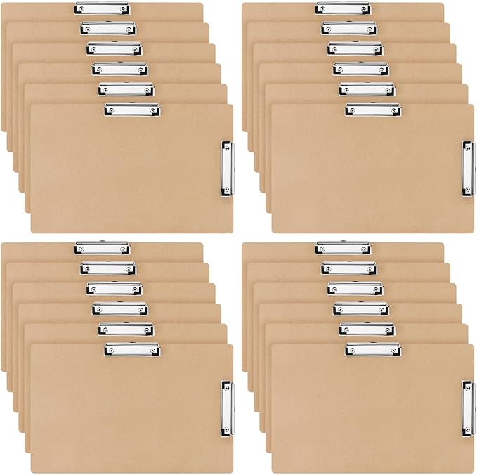 Henoyso 24 Pcs 11x17 Clipboard Wooden Lap Board with Low Profile Clip Brown Double Landscape Clip Hardboard Drawing Board Landscape Horizontal Large Clipboard for Desk Paper Sketching Art Supplies