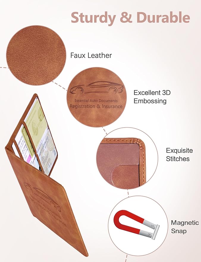 Mymazn Car Registration and Insurance Holder, Faux Leather Glove Box Organizer with Magnetic Closure for Driver's License & Essential Documents, Vintage Brown