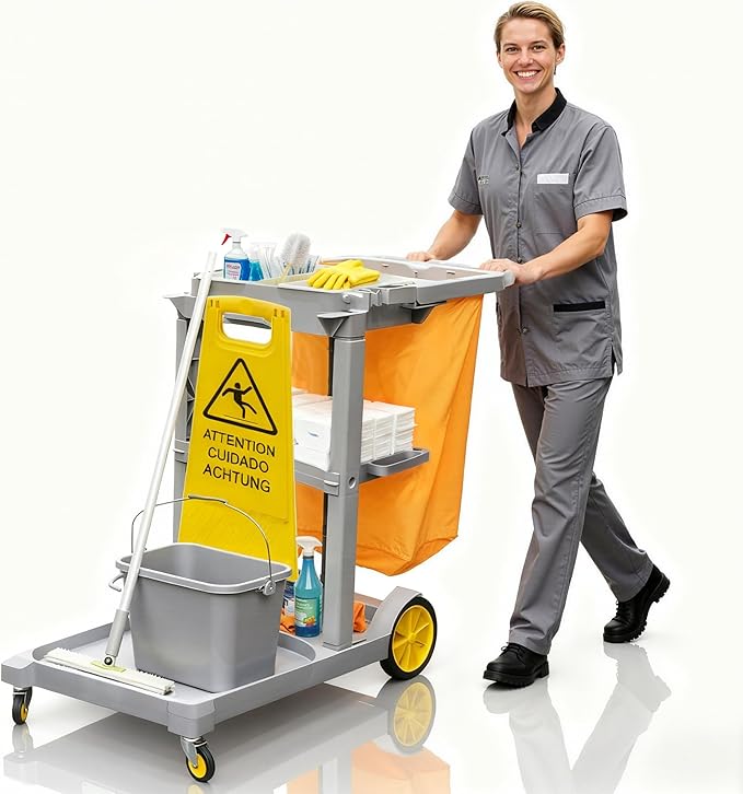PYY Cleaning Carts On Wheels - Janitorial Cart w/ 3-Shelf & 2 Bins, Smooth Swivel Caster, 65L Collection Bag, 300LBS Load Capacity, Sturdy Cleaning Cart for Housekeeping, Janatorial Cleaning (Gray)