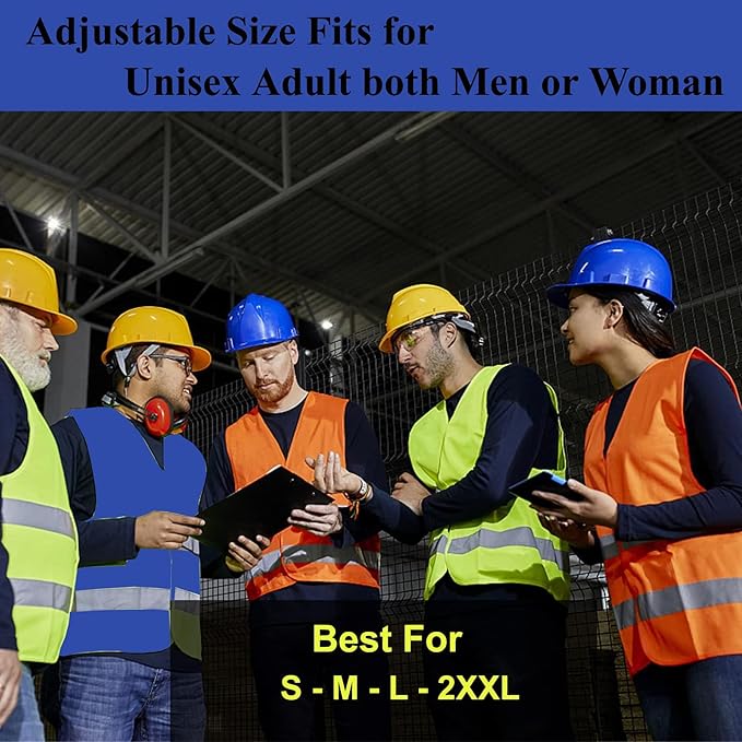 Blue Safety Vests 10 Pack - Reflective High Visibility Construction ANSI Class 2 Work Vests for Men,Woman,Hi Vis Mesh and Neon Silver Strip
