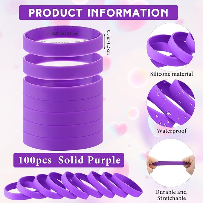 Liliful 100 Pcs Silicone Rubber Wristbands Rubber Wristband Bracelet Bands for Silicone Wristbands for Women Men(Purple)