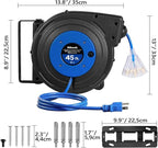 Retractable Extension Cord Reel, 45 FT Heavy Duty Power Cord, 12AWG/3C SJTOW, 3 Grounded Outlets Lighted Triple Tap, 15 Amp Circuit Breaker, UL Listed, Blue U45CR06