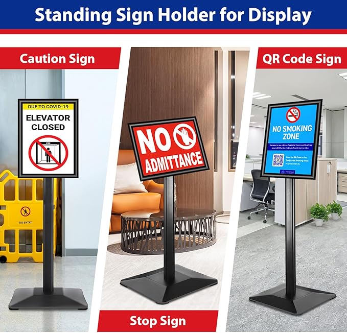 Business & Store Sign Holders 8.5x11inch 3Pack Adjustable Floor Standing Sign Holder with Heavy Duty Display Stand (Black, Silver)
