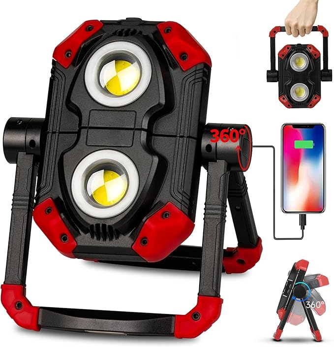 Yzoni LED Work Light Rechargeable, 2 COB 2500LM Folding Portable Flood Light with Magnetic Base and 360° Rotation Stand, Spotlights for Camping, Car Repairing, Emergency and Job Site Lighting