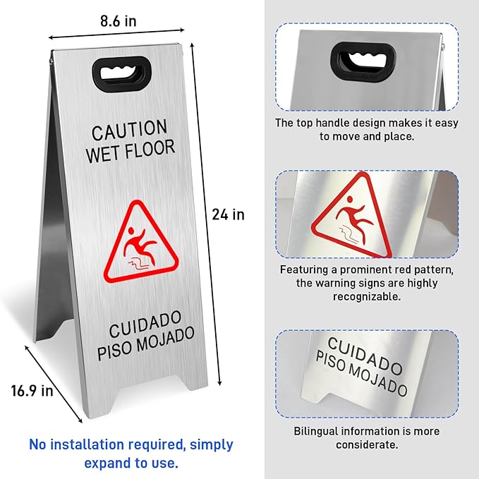 4 Pack Stainless Steel Wet Floor Sign, 24 Inch Caution Wet Floor Sign Portable Foldable Bilingual Safety Warning for Hotel Market Restroom Restaurant Office (Silver)