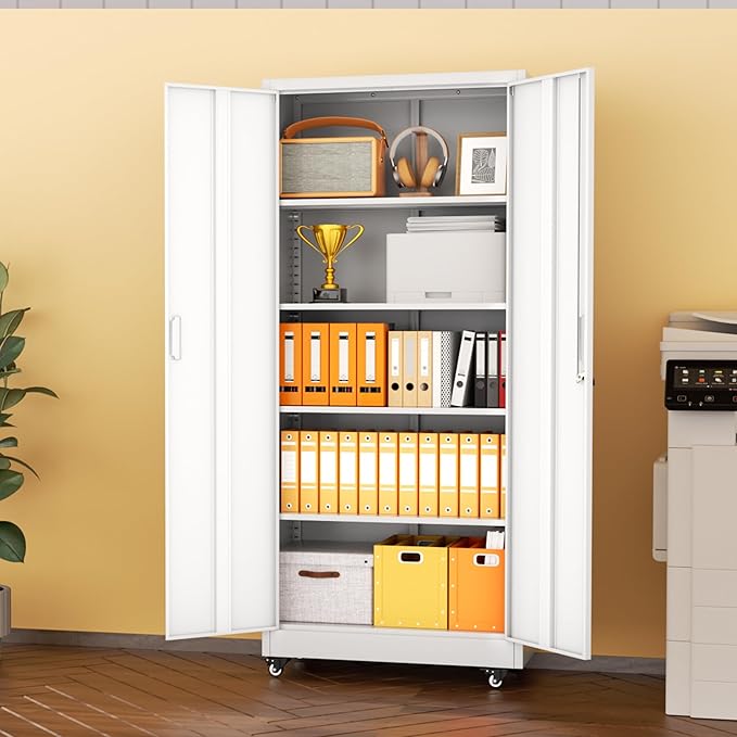 INTERGREAT Metal Storage Cabinet with Wheels, 73" H Rolling Metal Cabinets with Doors and Shelves, White Steel Lockable Cabinet on Wheels for Garage Storage