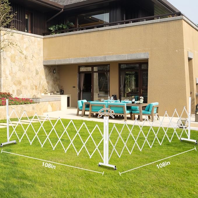 Expandable Driveway Gate for Outdoor Fence, 207" Wide Portable Expandable Barricade Gate with Casters, Accordion Fence for Dogs Outside with Gate, Outdoor Metal Fence Gate for Yard Adjustable, White