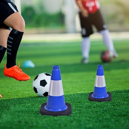 4 Pack 12 Inch Blue PVC Traffic Cones Black Base, Sport Training Cones for Soccer Drills, Kids Outdoor Play, Indoor Gym Activities (4, Blue, 12 Inch)