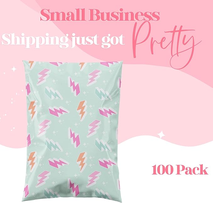 14.5x19 Designer Poly Mailer 100 Pack Heavy Duty Waterproof Self Seal Shipping Bags for Small Business Large Mailing Envelopes Bulk Tear Resistant Cute Packaging Lightning Bolt