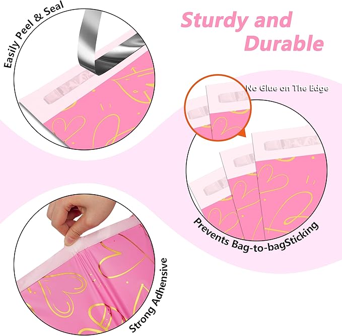 Thank You Poly Mailers 14.5x19 Inch 50 Pcs - Heart Printed Shipping Bags, 2.4mil Thickness, Waterproof and Tear Resistant Mailing Envelopes, Self-Sealing Packaging Bags for Clothing