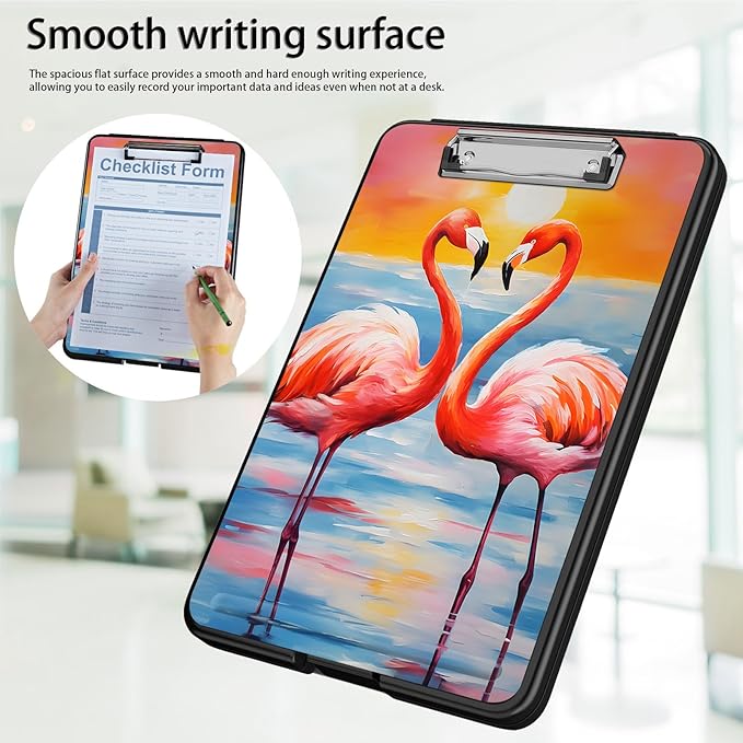 Clipboard with Storage,Office Supplies Nursing Clipboards Folder with Pen Holder Plastic Foldable Clip Board with Storage for Nurse Teacher,Sunset Flamingo