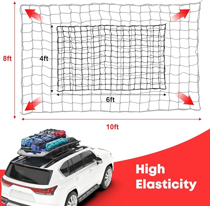 Elastic Cargo Net for Pickup Truck Bed (4' X 6' Stretches to 8' X 12'), Heavy Duty Cargo Net with 12 Pcs Steel Carabiners & 12 Pcs Sturdy Plastic Carabiners, for SUV, ATV, Trailer Tarp
