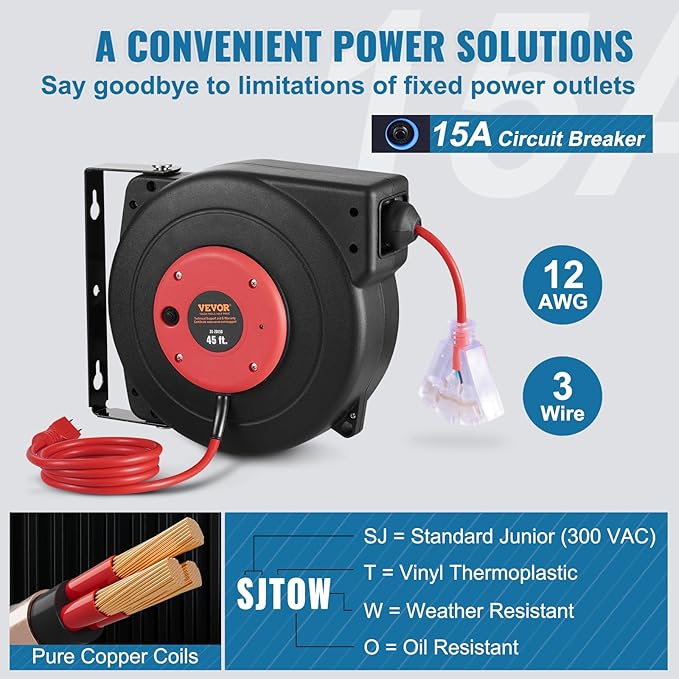 VEVOR Retractable Extension Cord Reel, 45 FT, Heavy Duty 12AWG/3C SJTOW Extension Power Cord with Lighted Triple Tap Outlet, 15A Circuit Breaker 180° Swivel Bracket for Ceiling or Wall Mount, Red