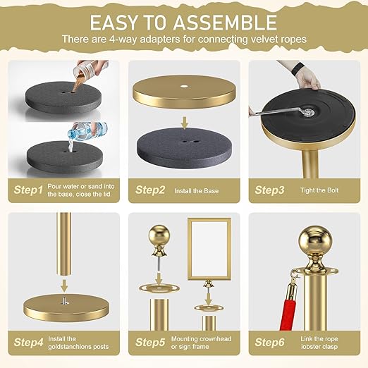 kaiyomi 6Pcs Stanchions Posts Velvet Ropes with Red Carpet and Sign Frame, Water or Sand-Fillable Base, Suitable for 8.5" x 11" A4 Paper Size Sign Frame for Red Carpet Party Decoration (Golden)