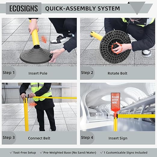 ECOSlGNS 6 Pack Stanchions with 10ft Retractable Belts - Yellow Stanchion Posts Set Crowd Control Barriers Line Dividers with Weighted Rubber Base & Sign Holders for Queue Management