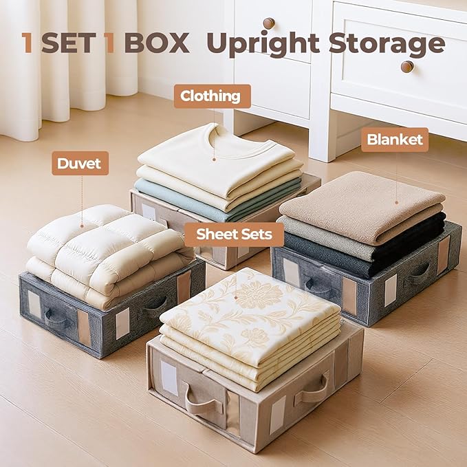 4Pack Sheet Organizers for Linen Closet - King/Queen Size Bedding Storage Boxes with Clear Window, Foldable & Dustproof Linen Organizer for Blankets & Sheet Sets,Grey