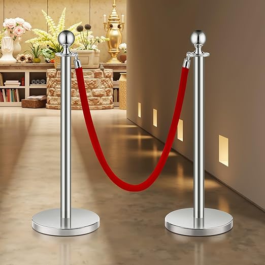VEVOR Stanchions and Velvet Ropes 4Pcs, Hollow Base with Stainless Steel Post, 2 Red Velvet Ropes and Posts, Crowd Control Barriers Silver Stanchions, Red Carpet Runner Poles for Party Supplies