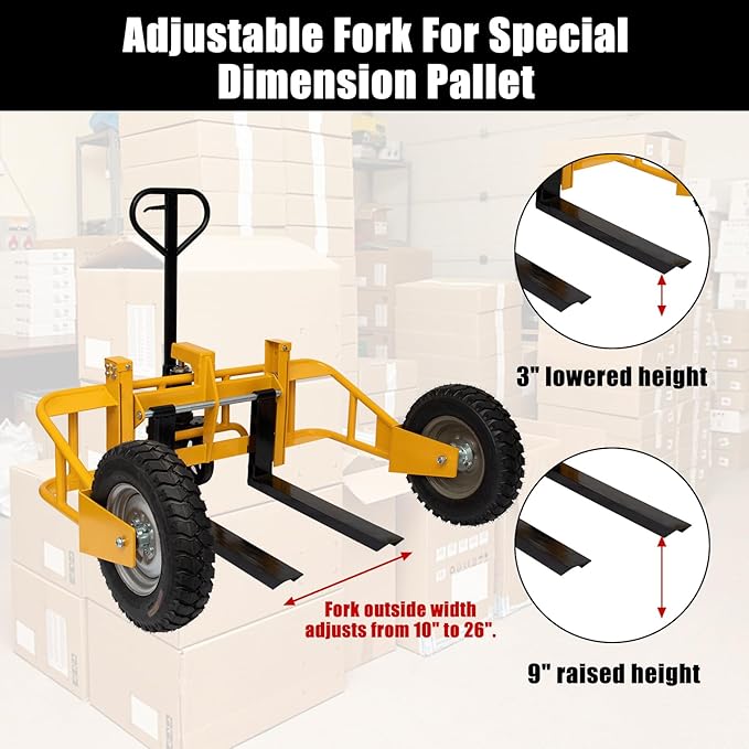 All Terrain Manual Pallet Truck with Guardrail, 2500 lbs Manual Pallet Lift Jack, Pallet Jack 3-Function Hand Pallet Trucks with Wheels, Adjustable Width Fork and Handle, 65.75"W x 55.35"D x 50.39"H