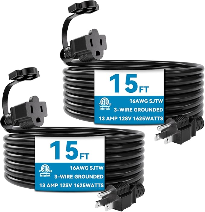 K KASONIC - 15 Feet Outdoor Extension Cord, ETL Listed, SJTW 16AWG/13A 3 Prong Power Cord Extension, NEMA 5-15P to NEMA 5-15R, Black, 2 Pack