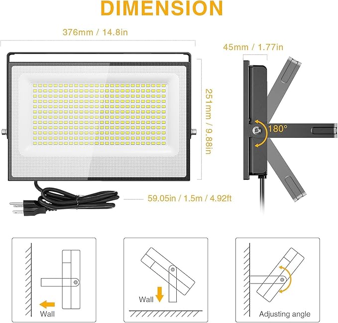 Onforu 300W Flood Lights Outdoor, 30000lm Bright LED Work Light with Plug, 6500K Daylight White LED Flood Lighting, IP66 Waterproof Security Yard Lights for Yard Garage Stadium 2 Pack