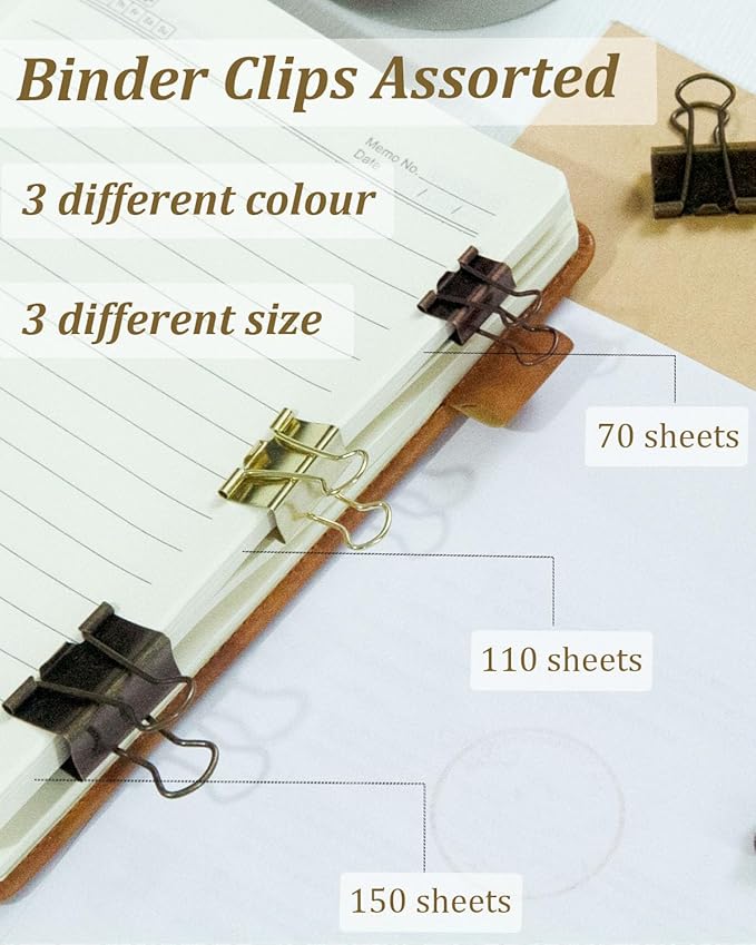 Assorted Binder Clips 0.75/1/1.25in 25-Pack -Gold Tone Clips for Office & Home