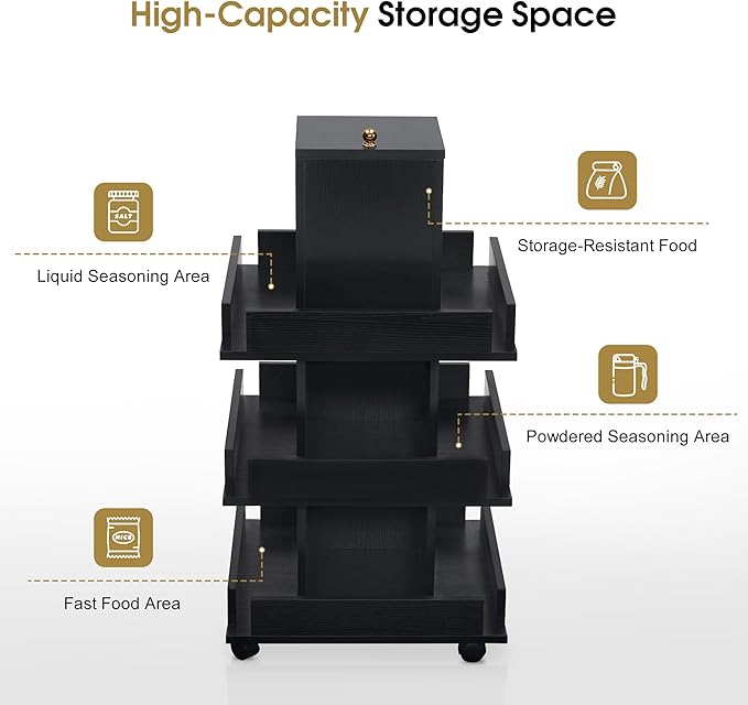 BarberPub Multi-Functional Kitchen Trolley with Lockable Wheels, 3-Tier Tool Storage Organizer, Mobile Cart for Kitchen, Craft Room, Living Room, Office 2038 (Black)