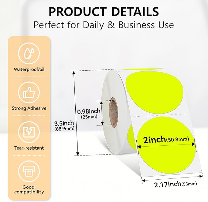 2 inch Dot Stickers Labels Circle Garage Sale Sticker 750Pcs Round Thermal Printer Stickers Printable Writable Price Labels for Yard Sale, Fluorescent Yellow