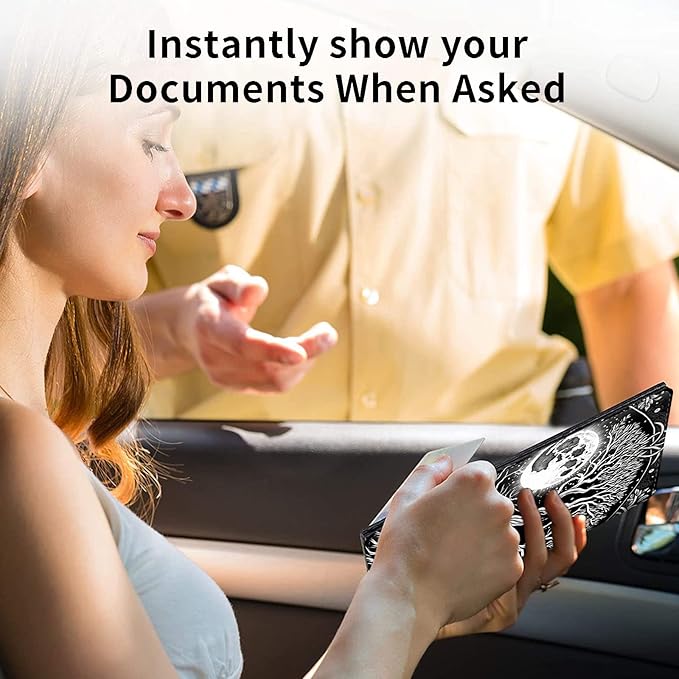 Car Registration and Insurance Holder, Leather Car Glove Box Organizer, Cool Car Accessories for ID, Driver's License Cards & Essential Document,business cards,Men&WomenBlack White Tree Moon