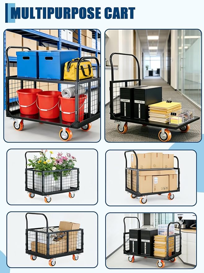 Platform Truck Cart with Cage, 6-in-1 Multi-Purpose Flatbed Cart, Foldable Hand Truck Load 1800LBS with 4 Wheels Push Dolly for Grocery, Laundry, Garage, Warehouse (Red+Black)