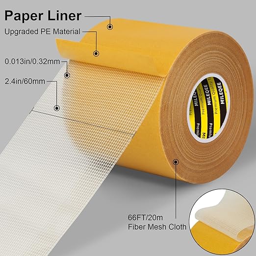 2Pack Double-Sided Mesh Carpet Tape Heavy Duty, 2.4in x 66FT (132FT Total), Large Durable Duct Cloth Tape, High Stickiness Strong 2 Sided Tape for Rugs, Removable Multipurpose Tape, Easy Tear