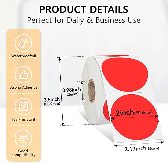2 inch Dot Stickers Labels Circle Garage Sale Sticker 750Pcs Round Thermal Printer Stickers Printable Writable Price Labels for Yard Sale, Fluorescent Red