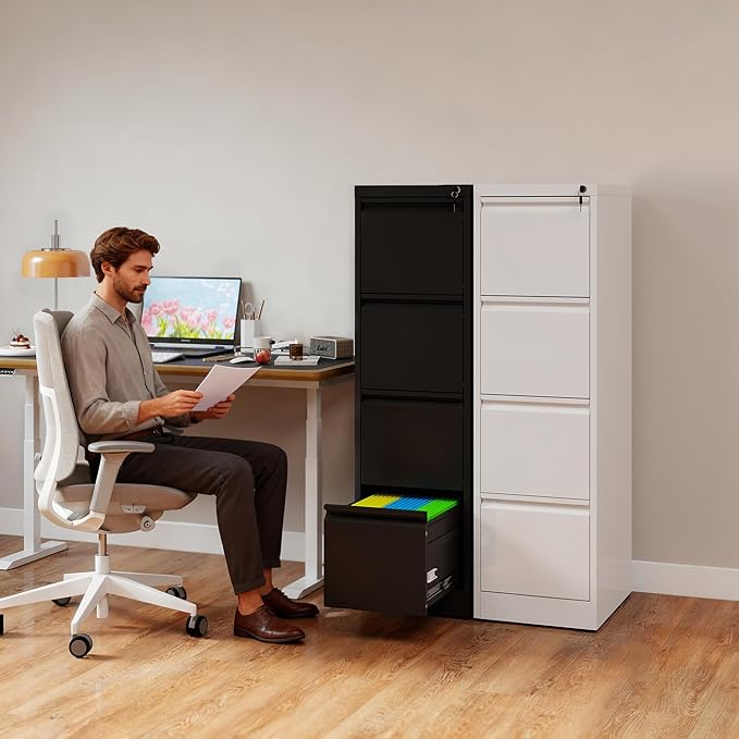 4 Drawer File Cabinet with Lock, Vertical Filing Cabinets for Home Office, Metal Storage Cabinets, Heavy Duty File Cabinet for Letter/Legal/A4/F4 Size Amssebly Required, White