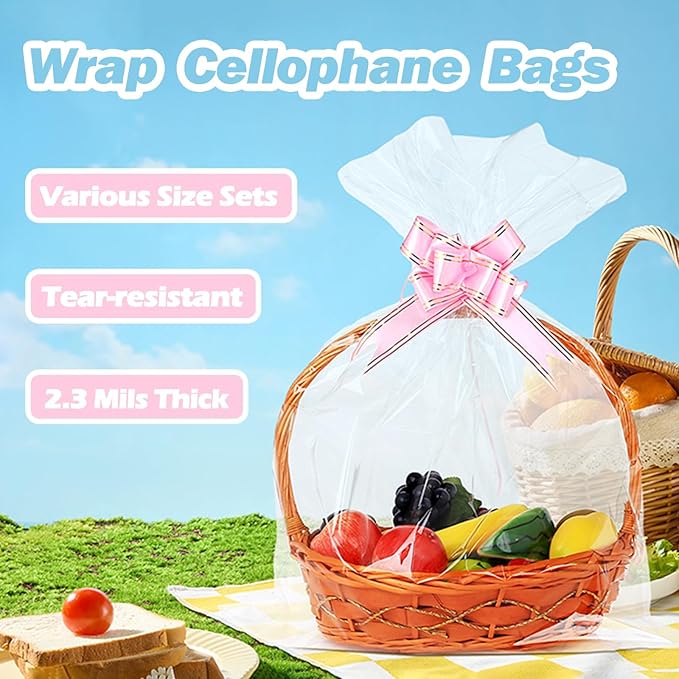 60 Packs Large Clear Cellophane Bags 14x20 18x24 24x30 Inches Jumbo Gift Basket Wraps Extra-large Transparent Plastic Bags for Fruit Basket, Gift Wrap, Treats, Arts and Crafts, 60 pcs Pull Ribbon Bow Ties