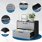 2 Drawer File Cabinet, Lateral Filing Cabinets for Home Office, Office Storage Drawers with Lock, Hanging Files Legal/Letter A4 Size (Assemble Required,Black Grey)