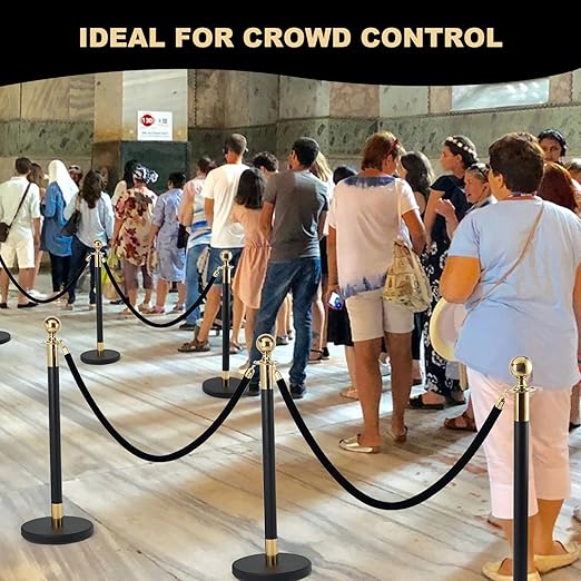 Velvet Stanchion Rope, 5 Feet Crowd Control Stanchion Ropes Safety Barrier with Gold Plated Hook for Carpet Events Movie Theaters Grand Openings Hotels Party(Black) (4)
