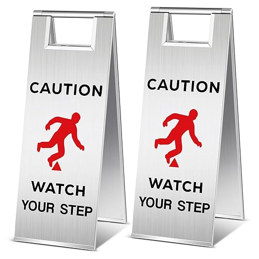Tandefio 2 Pcs Stainless Steel Wet Floor Sign 24 Inch Caution Watch Your Step Signs Double Sided Foldable Commercial Safety Warning Industrial Warning Signs for Office Hotel Market Restroom Restaurant