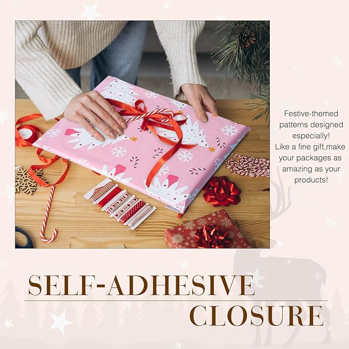 Metronic Christmas Poly Mailers 10x13" 100 Pack, Pink Christmas Tree Shipping Bags for Clothes, Cute Snowflake Shipping Envelopes Mailers Poly Bags Small Packaging Mailing Bags for Small Business